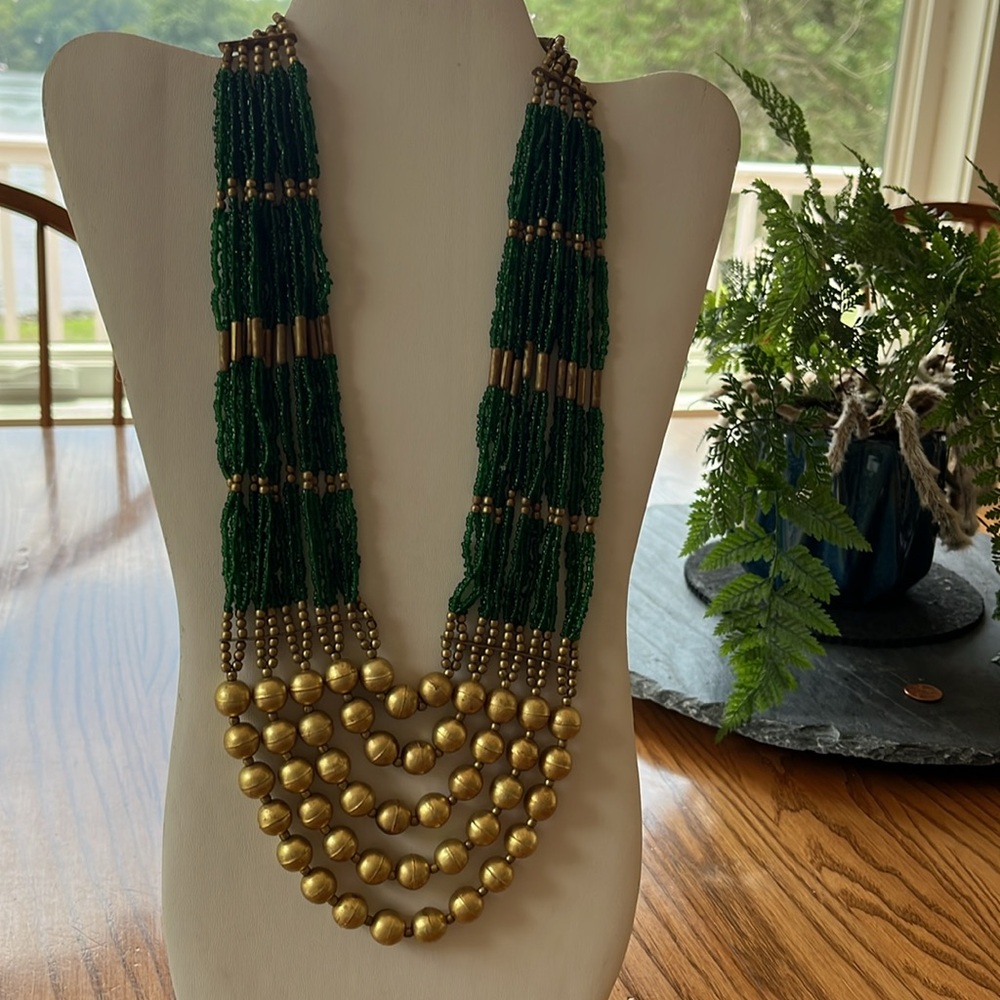 Green and Gold Beads Multilayered Statement Mixed Materials Artisan Necklace - Picture 9 of 17
